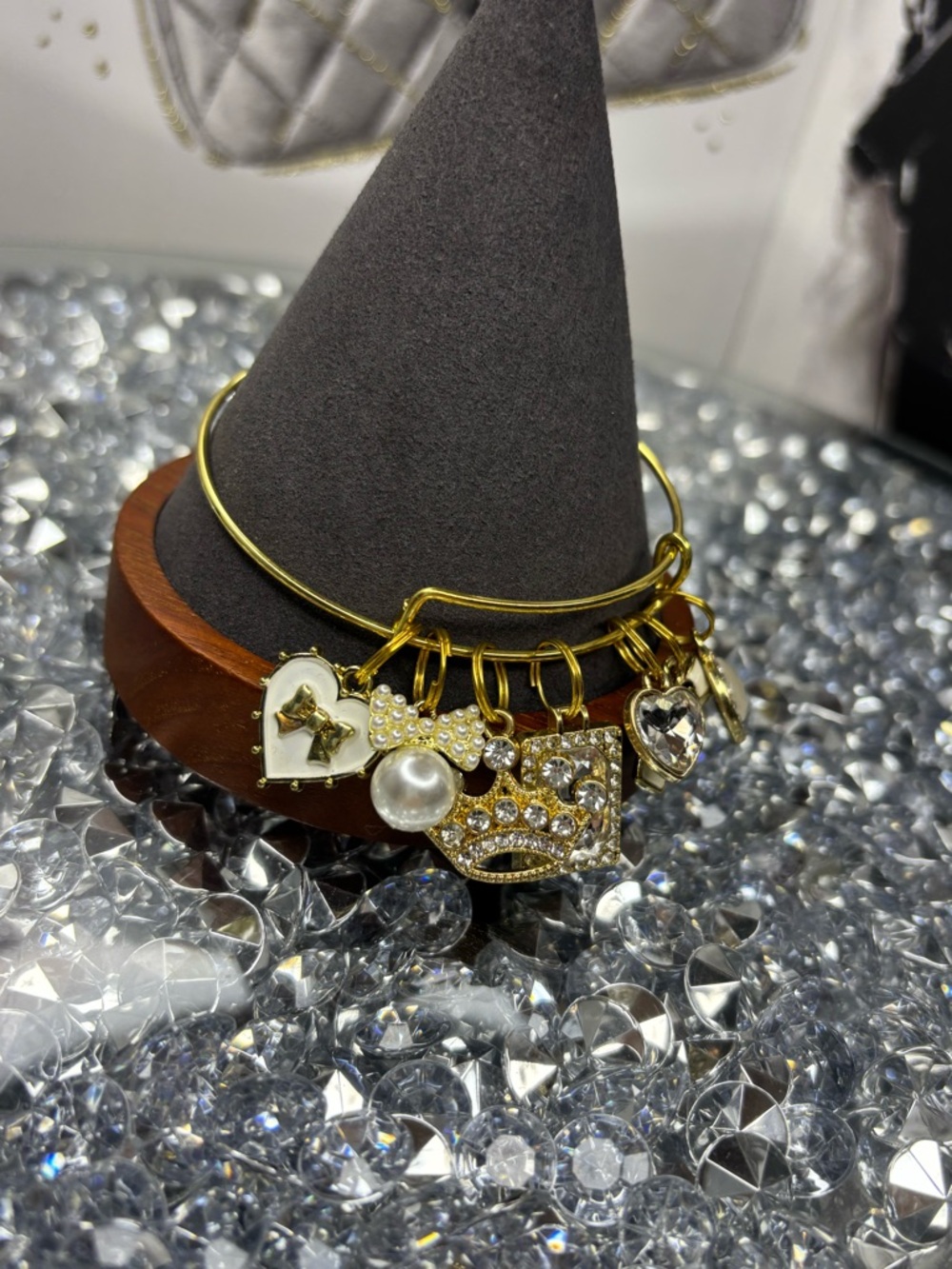 Gold Tone Charm Bangle Bracelet with Crystal & Pearl Accents - Picture 7 of 7